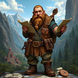 A Dungeons and Dragons (D&D) dwarf explorer, equipped with rugged adventurer attire including a leather vest, sturdy boots, and a utility belt filled with various exploration tools