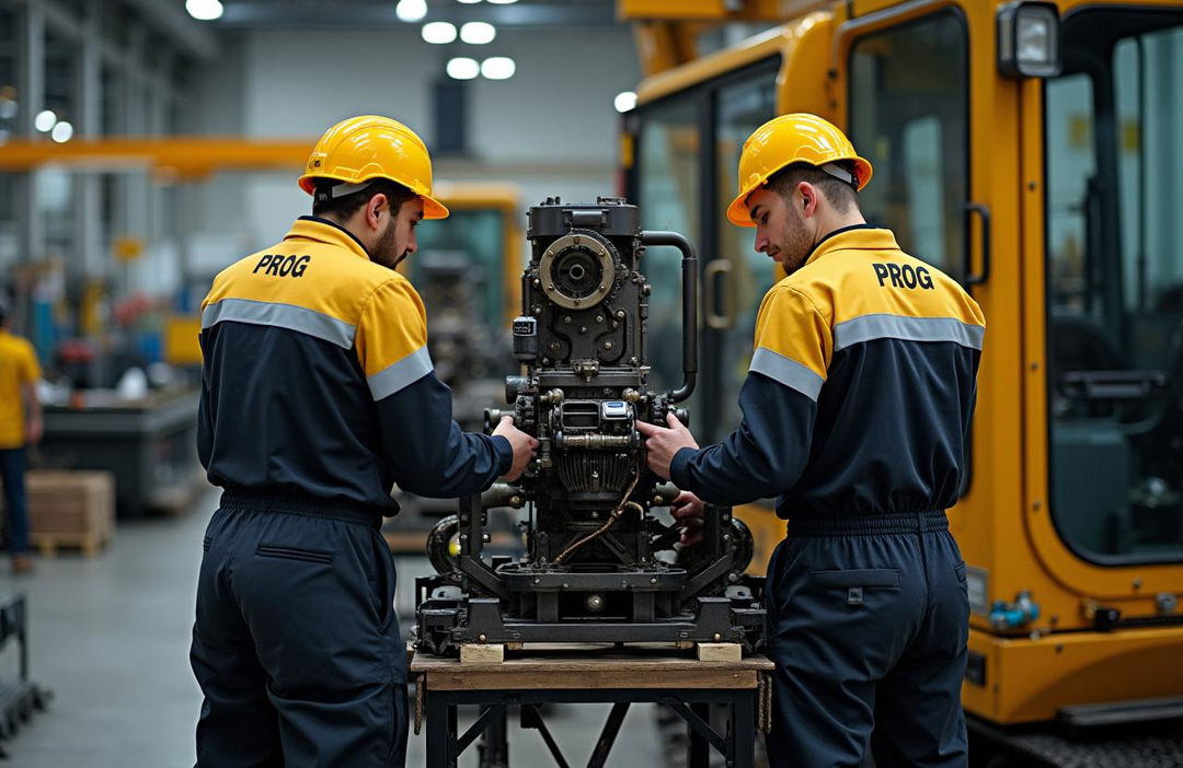 Two workers dressed in gold and black work suits labeled 'PROG', actively repairing a machine inside a factory dedicated to the production of construction machinery