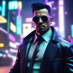 Generate a 4k and HD image of a cool, handsome mafia member in a futuristic cyberpunk environment.