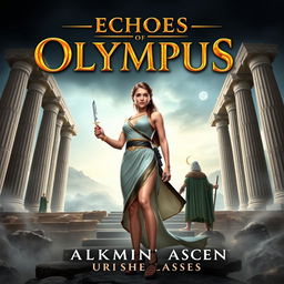 For the cover of 'Echoes of Olympus: Alkmini’s Ascent', Alkmini stands confidently at the center, exuding strength and determination