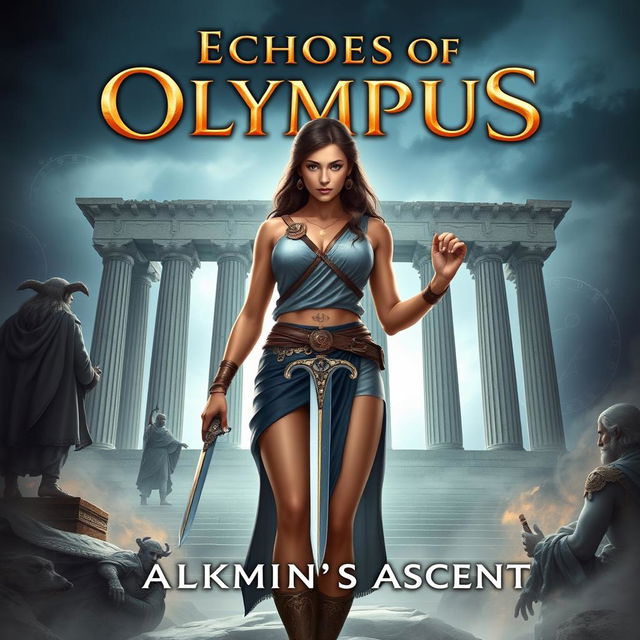 For the cover of 'Echoes of Olympus: Alkmini’s Ascent', Alkmini stands confidently at the center, exuding strength and determination