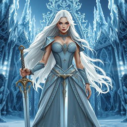 A fabulous fantasy princess with flowing white hair, viewed from the front, holding a magnificent sword in her hand