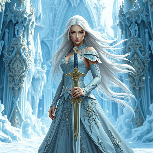 A fabulous fantasy princess with flowing white hair, viewed from the front, holding a magnificent sword in her hand