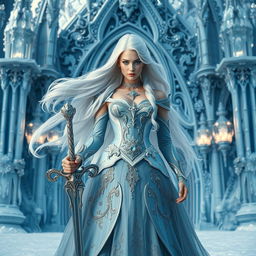 A fabulous fantasy princess with flowing white hair, viewed from the front, holding a magnificent sword in her hand