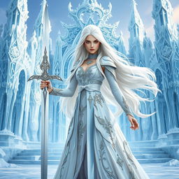 A fabulous fantasy princess with flowing white hair, viewed from the front, holding a magnificent sword in her hand