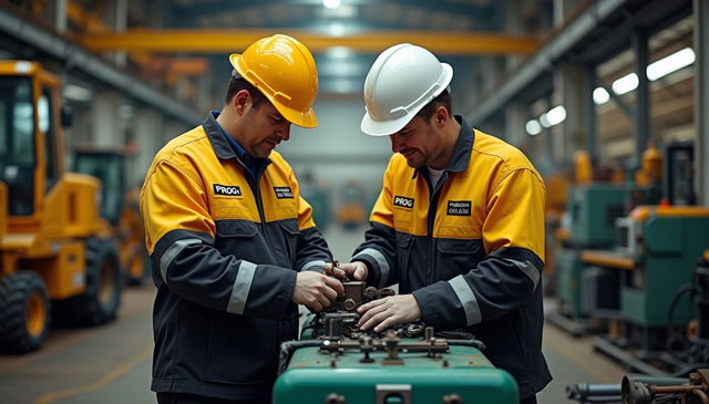 Two workers dressed in striking gold and black work uniforms labeled 'PROG' diligently repairing a construction machine