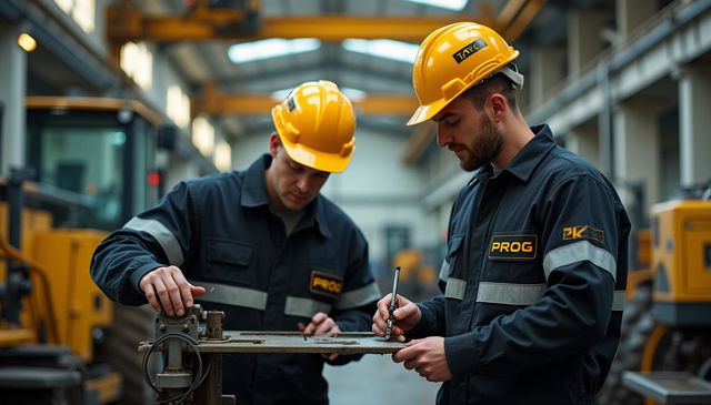 Two workers wearing black and gold work outfits labeled 'PROG', without helmets, focused on repairing a machine inside a factory dedicated to the production of construction machinery