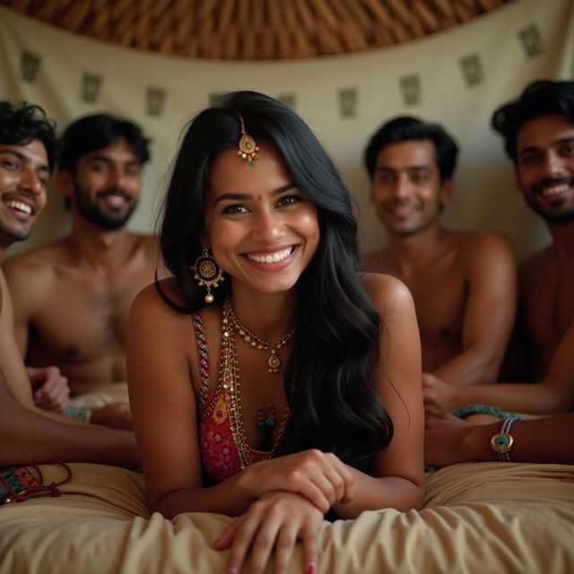 A cute Indian woman with long black hair, wearing a colorful traditional Indian jewelry set, lying on a bed in a modest lodge