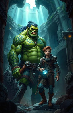 A breathtaking fantasy book cover featuring a large, imposing Orc with green skin and intricate tribal tattoos, alongside a slender, adventurous human man with tousled brown hair and an inquisitive expression