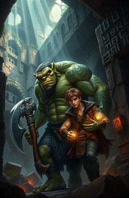 A breathtaking fantasy book cover featuring a large, imposing Orc with green skin and intricate tribal tattoos, alongside a slender, adventurous human man with tousled brown hair and an inquisitive expression
