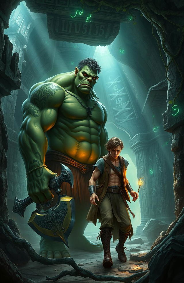 A breathtaking fantasy book cover featuring a large, imposing Orc with green skin and intricate tribal tattoos, alongside a slender, adventurous human man with tousled brown hair and an inquisitive expression