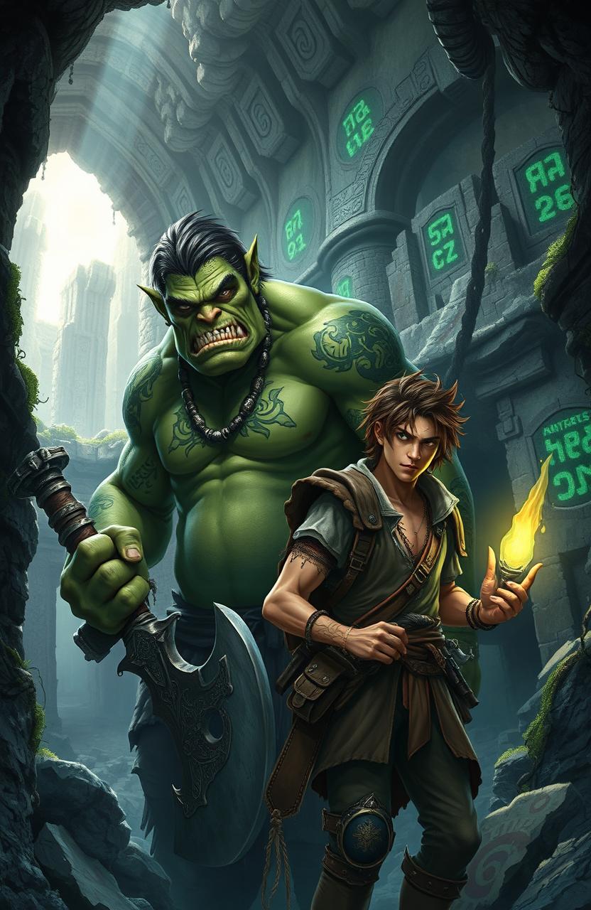 A breathtaking fantasy book cover featuring a large, imposing Orc with green skin and intricate tribal tattoos, alongside a slender, adventurous human man with tousled brown hair and an inquisitive expression