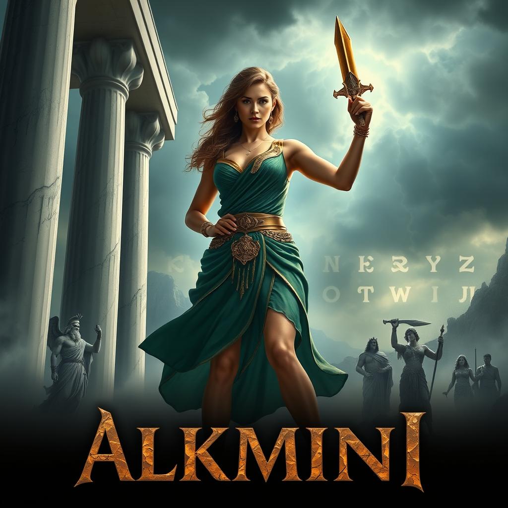 In this captivating scene, Alkmini stands confidently at the center, exuding strength and determination