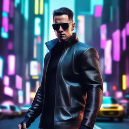 Create a 4k, HD image of a cool, handsome, sigma male in an intriguing cyberpunk setting.