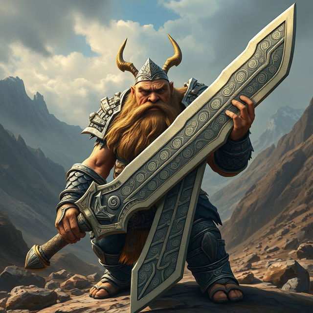 A fierce barbarian dwarf wielding a gigantic legendary sword, adorned in intricately designed dragon scale armor