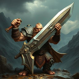A fierce barbarian dwarf wielding a gigantic legendary sword, adorned in intricately designed dragon scale armor