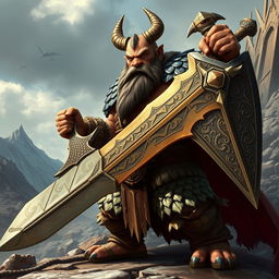 A fierce barbarian dwarf wielding a gigantic legendary sword, adorned in intricately designed dragon scale armor