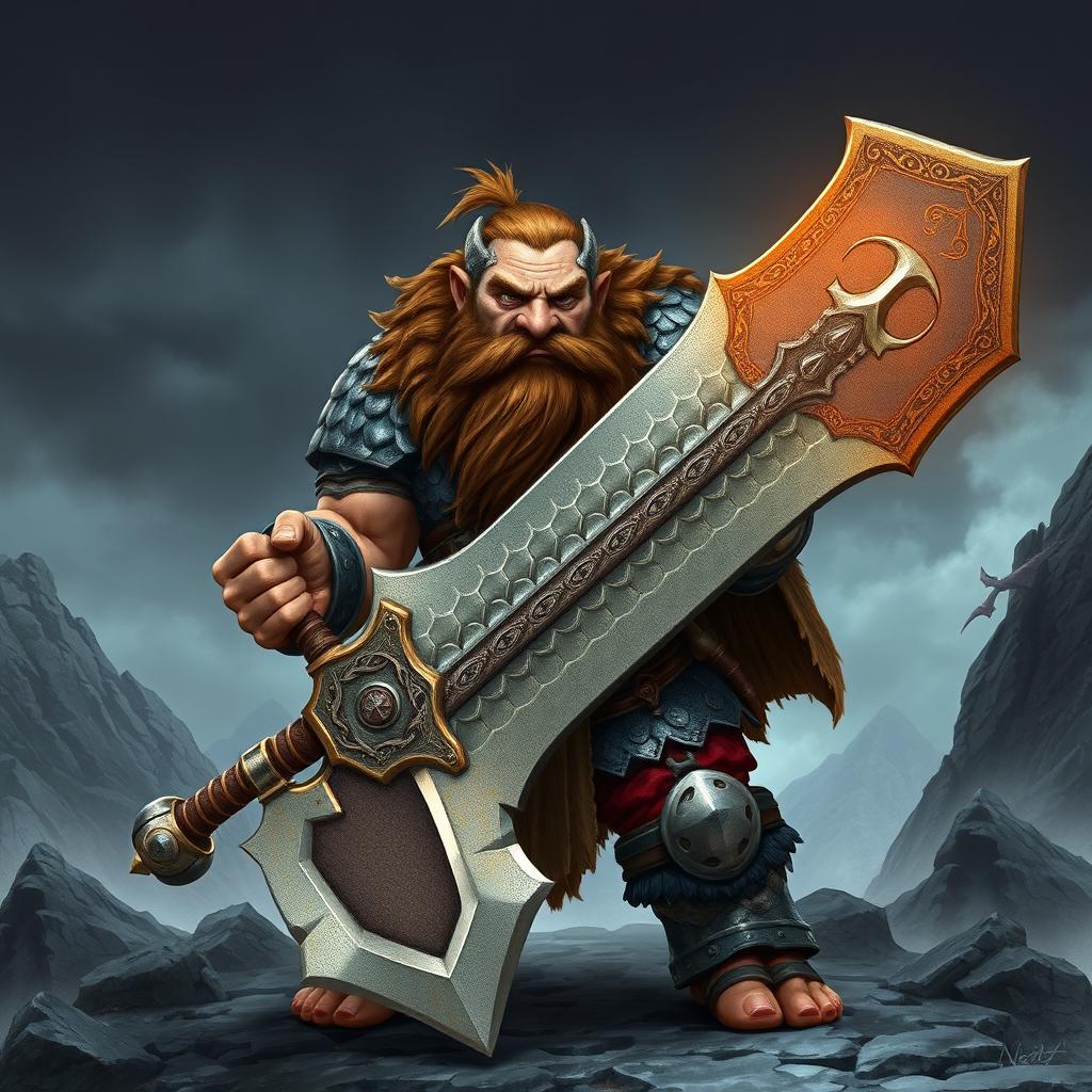 A fierce barbarian dwarf wielding a gigantic legendary sword, adorned in intricately designed dragon scale armor