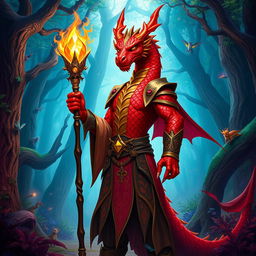 A majestic dragonborn red mage standing confidently in a mystical forest