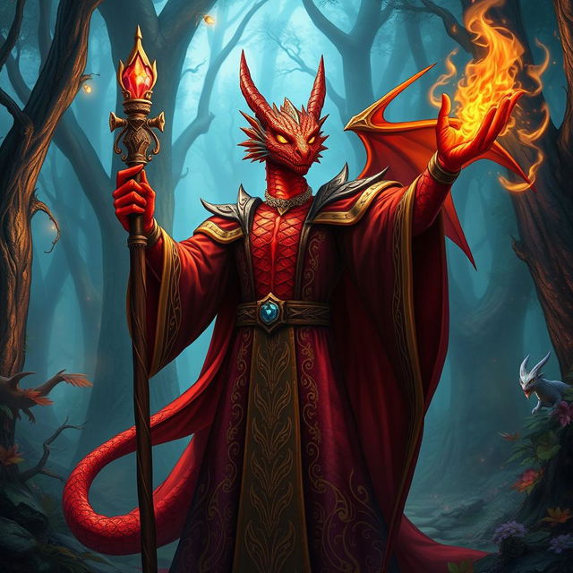 A majestic dragonborn red mage standing confidently in a mystical forest