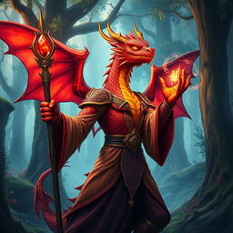 A majestic dragonborn red mage standing confidently in a mystical forest