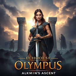 For the cover of 'Echoes of Olympus: Alkmini’s Ascent', Alkmini stands boldly at the center, embodying strength and courage