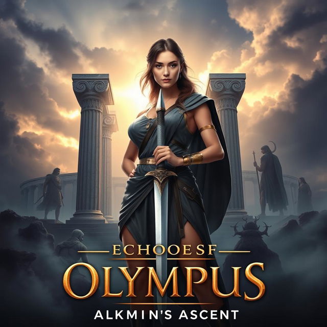 For the cover of 'Echoes of Olympus: Alkmini’s Ascent', Alkmini stands boldly at the center, embodying strength and courage