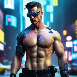 Create a 4k, HD image of a cool, handsome, sigma male in an intriguing cyberpunk setting.