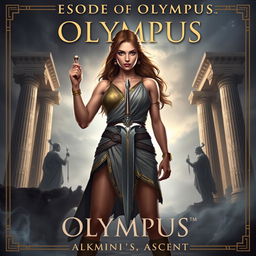 For the cover of 'Echoes of Olympus: Alkmini’s Ascent', Alkmini stands boldly at the center, embodying strength and courage