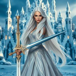 A striking fantasy princess with long, flowing white hair, seen from the front as she confidently holds a magnificent sword in her hand