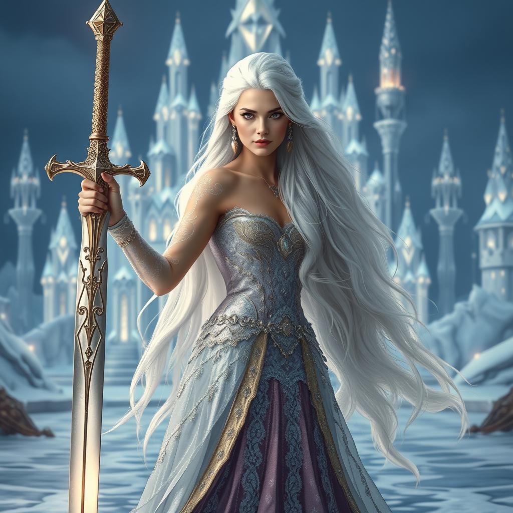 A striking fantasy princess with long, flowing white hair, seen from the front as she confidently holds a magnificent sword in her hand