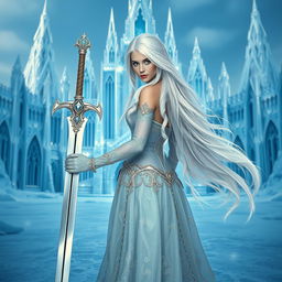 A striking fantasy princess with long, flowing white hair, seen from the front as she confidently holds a magnificent sword in her hand