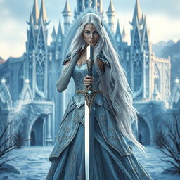 A striking fantasy princess with long, flowing white hair, seen from the front as she confidently holds a magnificent sword in her hand