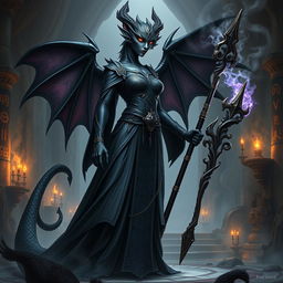 A powerful female dragonborn black mage, towering confidently in an ancient, mystical ruin