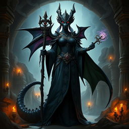 A powerful female dragonborn black mage, towering confidently in an ancient, mystical ruin