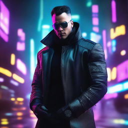 Create a 4k, HD image of a cool, handsome, sigma male in an intriguing cyberpunk setting.