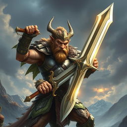 Un valiente enano bárbaro con una espada legendaria, vistiendo armadura de escamas de dragón brillantes y detalladas