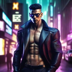 Create a 4k, HD image of a cool, handsome, sigma male in an intriguing cyberpunk setting.