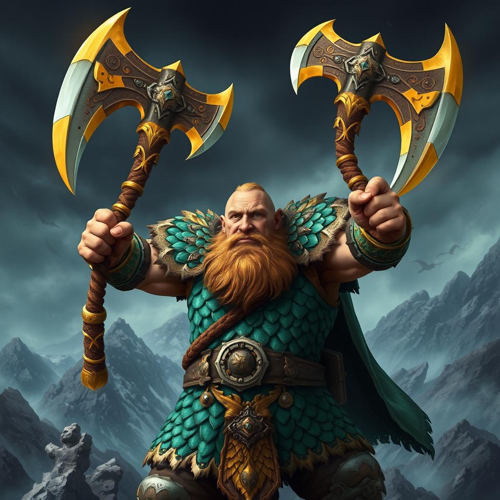 A fierce barbarian dwarf wielding two legendary axes, wearing intricately crafted dragon scale armor