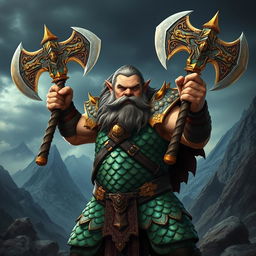 A fierce barbarian dwarf wielding two legendary axes, wearing intricately crafted dragon scale armor