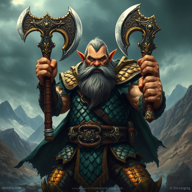 A fierce barbarian dwarf wielding two legendary axes, wearing intricately crafted dragon scale armor