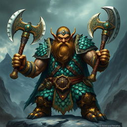 A fierce barbarian dwarf wielding two legendary axes, wearing intricately crafted dragon scale armor