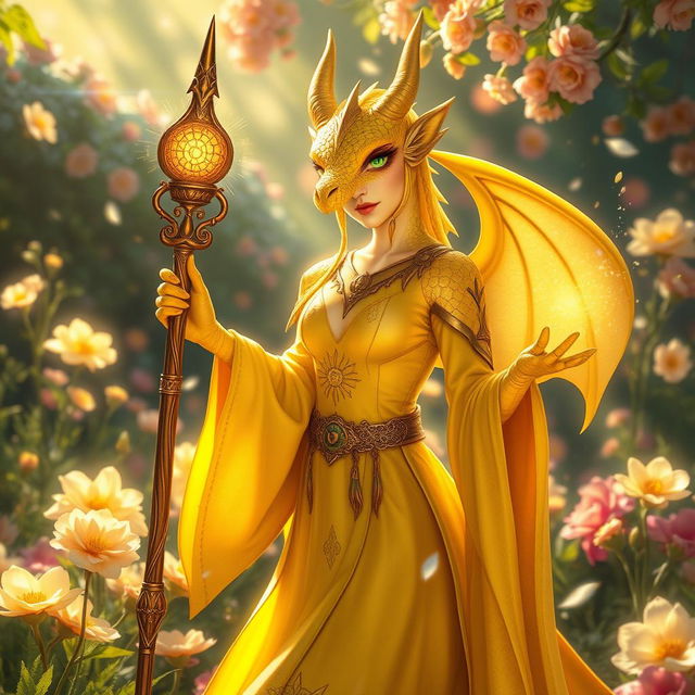 A striking female dragonborn yellow mage poised in an enchanted garden filled with vibrant flowers and luminescent plants