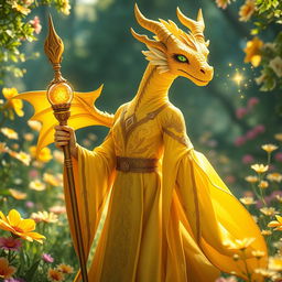 A striking female dragonborn yellow mage poised in an enchanted garden filled with vibrant flowers and luminescent plants