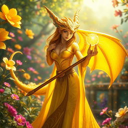 A striking female dragonborn yellow mage poised in an enchanted garden filled with vibrant flowers and luminescent plants