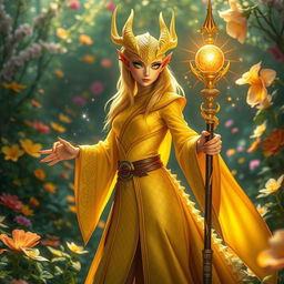 A striking female dragonborn yellow mage poised in an enchanted garden filled with vibrant flowers and luminescent plants