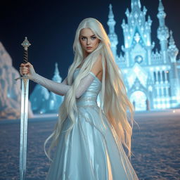 A captivating fantasy princess with long, flowing white hair, seen from the front as she confidently wields a finely detailed sword in her hand