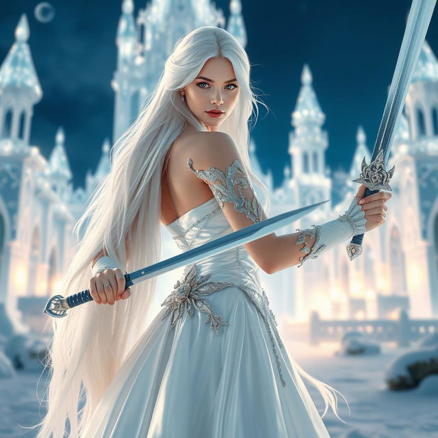 A captivating fantasy princess with long, flowing white hair, seen from the front as she confidently wields a finely detailed sword in her hand