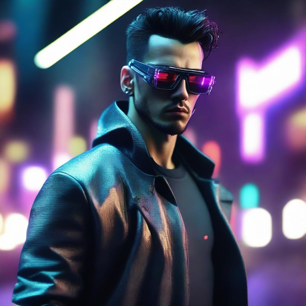 Generate a 4k, HD image of a cool, handsome individual involved in a futuristic cyberpunk cartel scene.