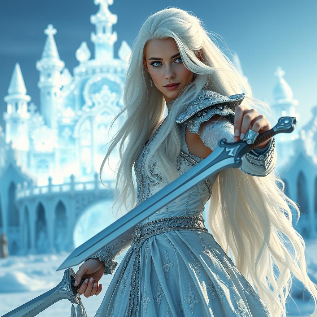 A captivating fantasy princess with long, flowing white hair, seen from the front as she confidently wields a finely detailed sword in her hand